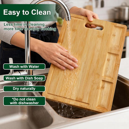Bamboo Cutting Boards for Kitchen with 3 Compartments & Juice Grooves, Double-Sided Chopping Board with Handle, Kitchen Gifts, Wood Cutting Boards for Meats Vegetable Fruits (15.2X10.5X0.6'')