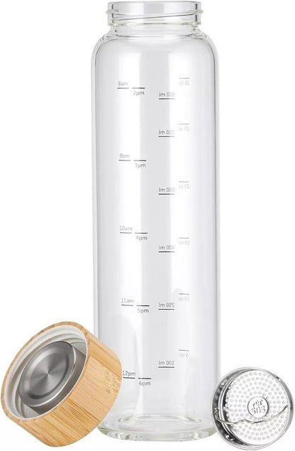 Glass Water Bottle 32 Oz Wide Mouth with Sleeve Bamboo Lid 1 Litre Motivational