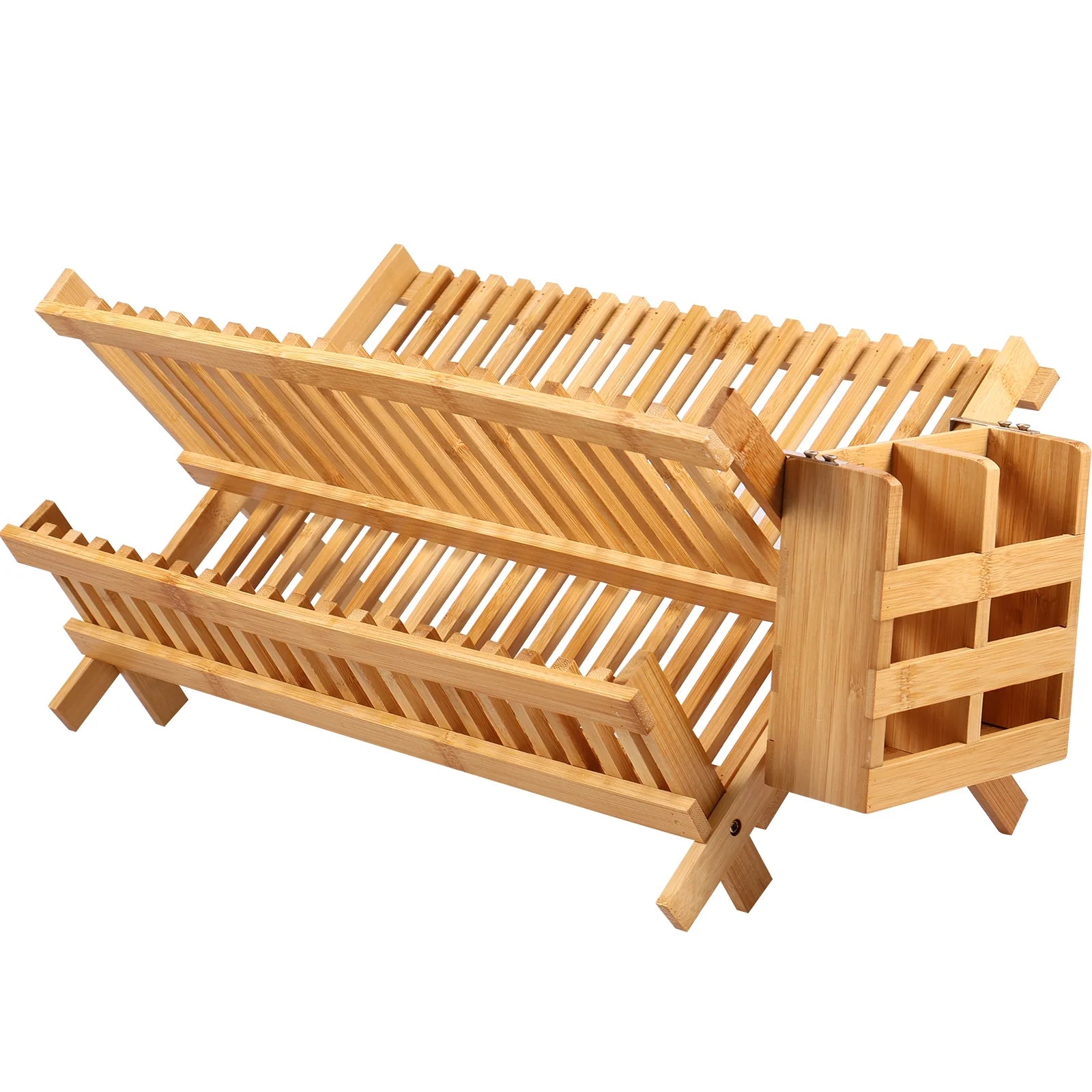 Bamboo Dish Drying Rack with Utensil Holder,Collapsible Wooden Dish Drainer Rack,2-Tier Large Folding Drying Holder for Kitchen Counter